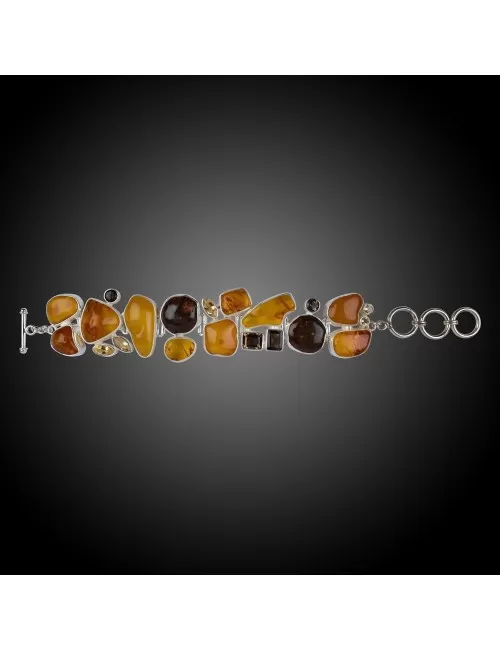 Armband - Bernstein, Rauchquarz, Citrin & verst. Holz - 925 Silber - Einzelstück