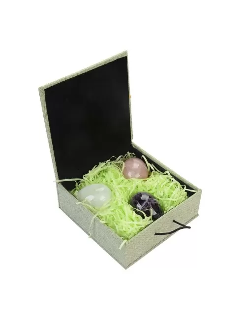 Heilsteine & Edelsteine - Eier - 3er Set in Geschenkbox (Amethyst, Bergkristall, Rosenquarz)