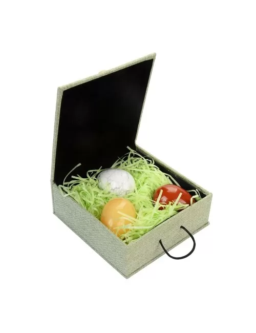 Heilsteine & Edelsteine - Eier - 3er Set in Geschenkbox (Magnesit, roter Jaspis, Orangencalcit)