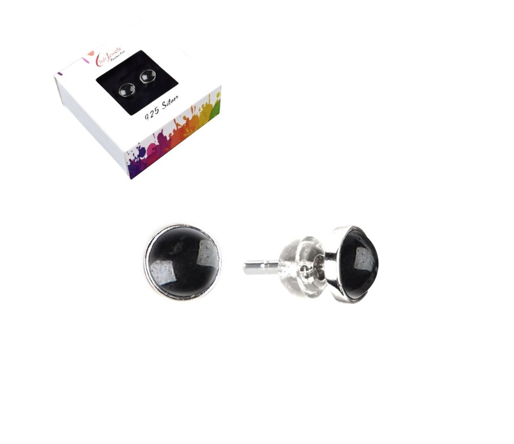 Heilsteine & Edelsteine - Ohrstecker - Hämatit (natur), Cabochon, 6mm, rhodiniert