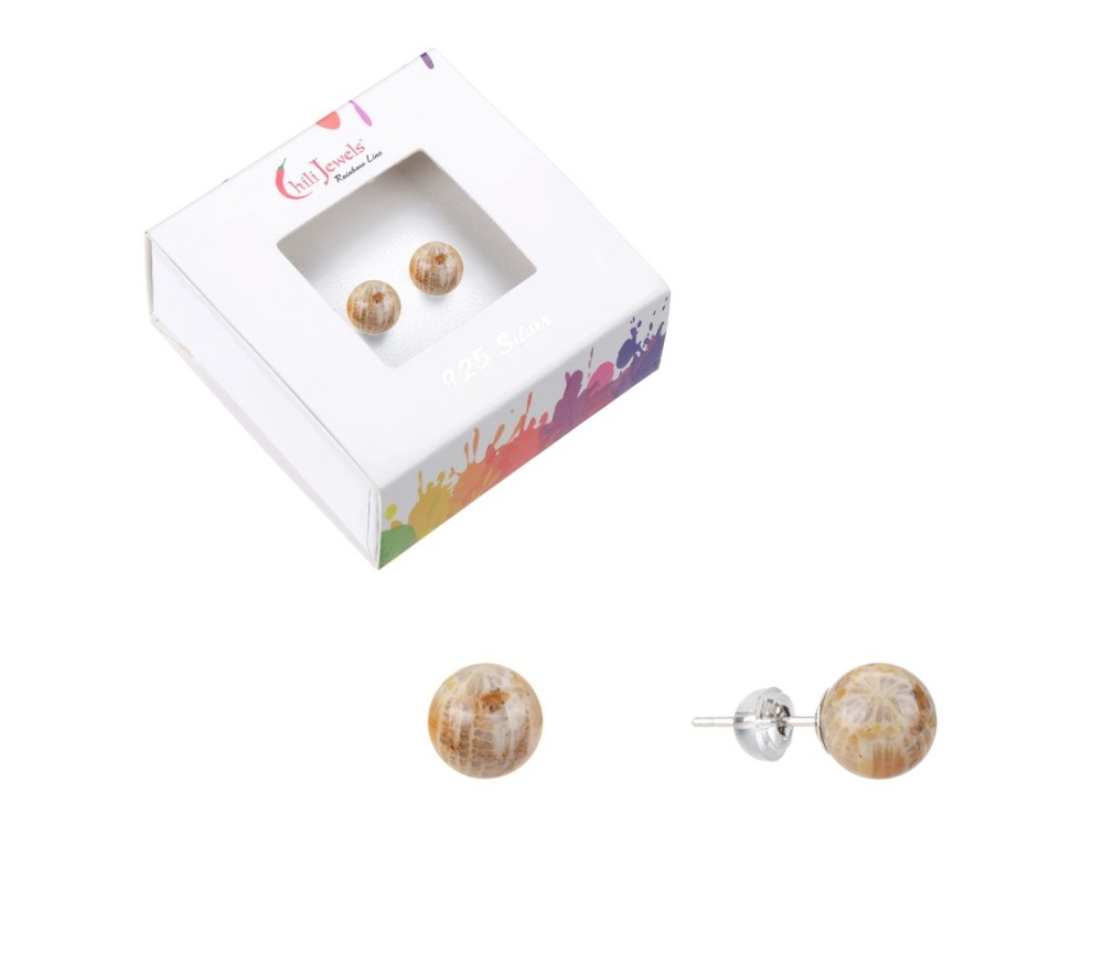 Heilsteine & Edelsteine - Ohrstecker - versteinerte Koralle, Kugel, 8mm, rhodiniert