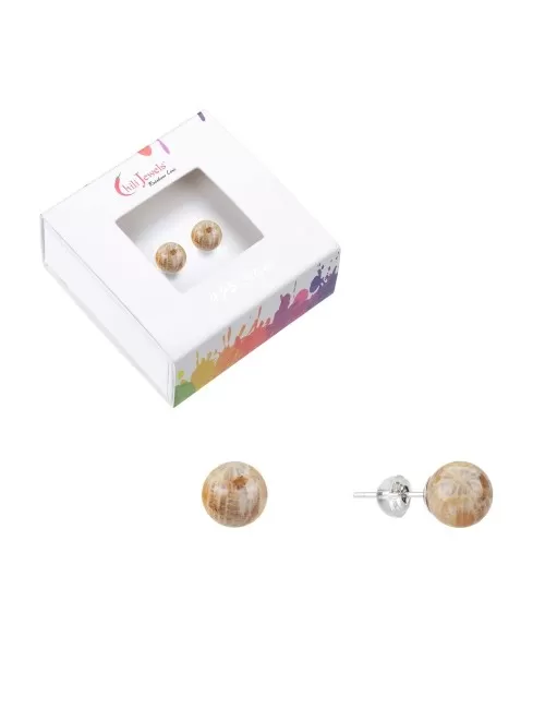 Heilsteine & Edelsteine - Ohrstecker - versteinerte Koralle, Kugel, 8mm, rhodiniert