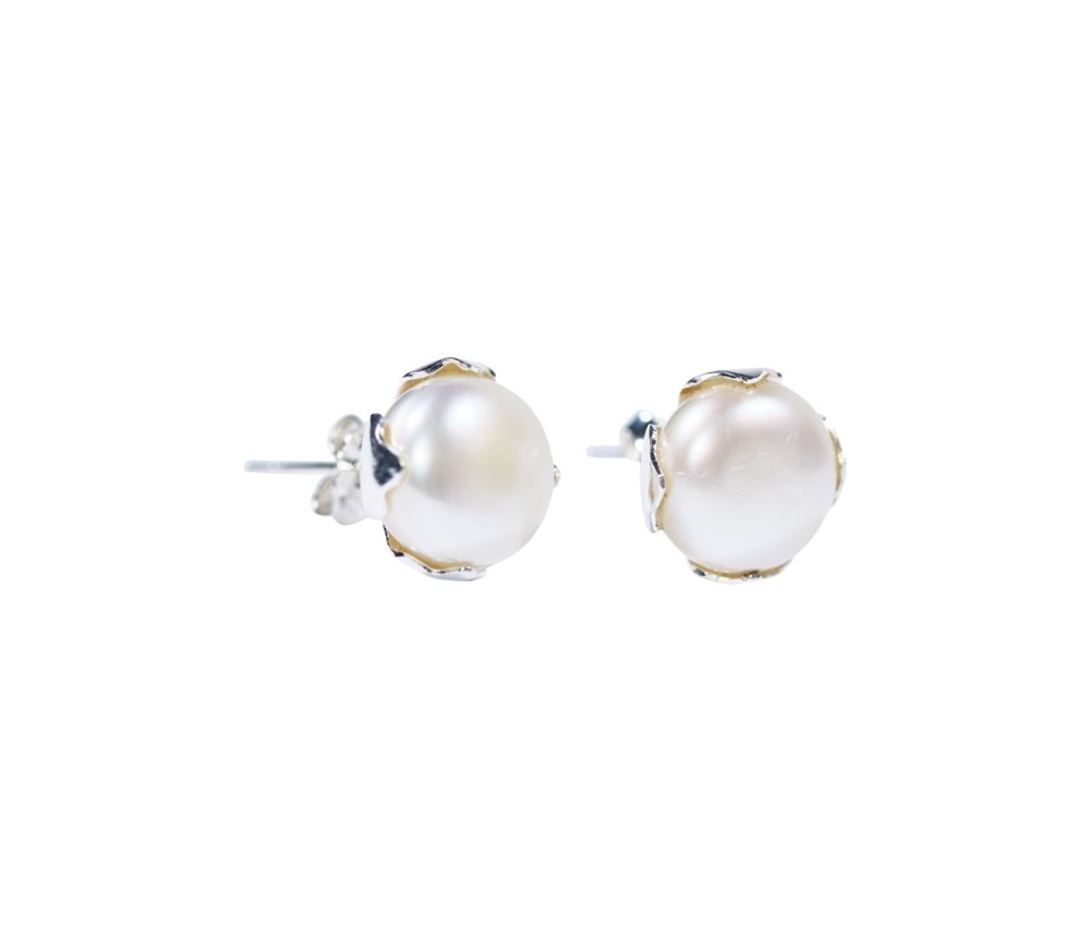 Heilsteine & Edelsteine - Ohrstecker - Perle weiß rund (10mm), gezackte Fassung