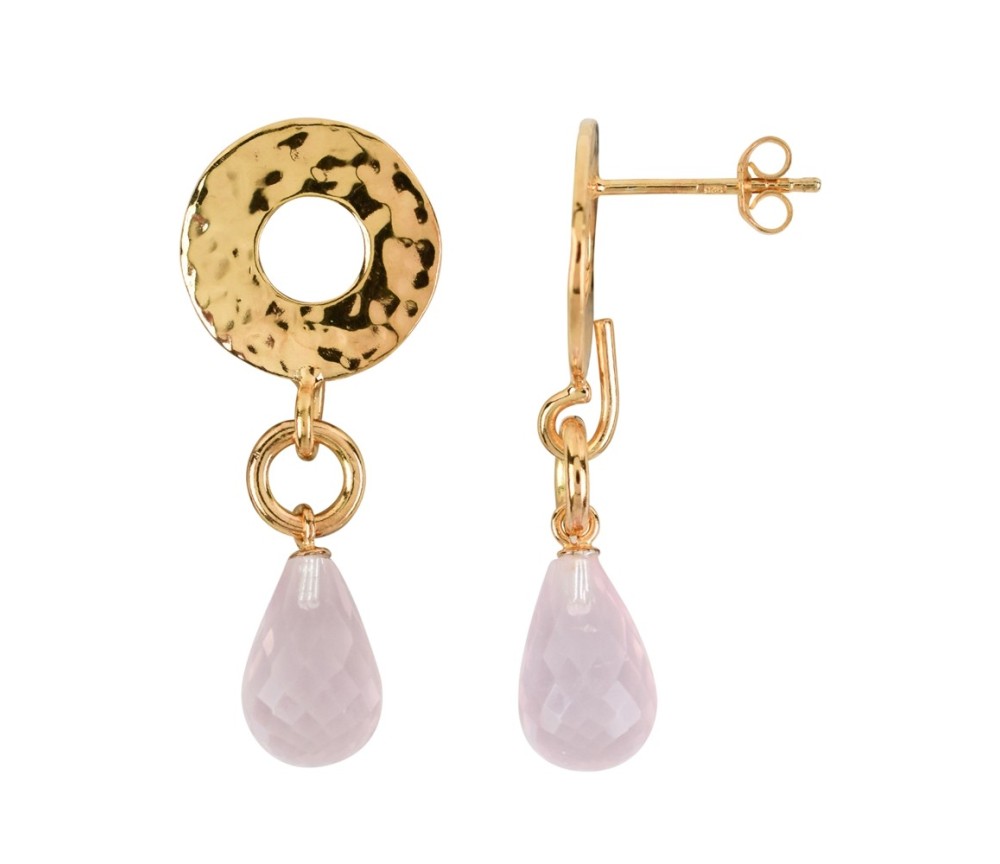 Heilsteine & Edelsteine - Ohrstecker - Rosenquarz-Briolette, gehämmerter Kreis, 3,8cm, vergoldet