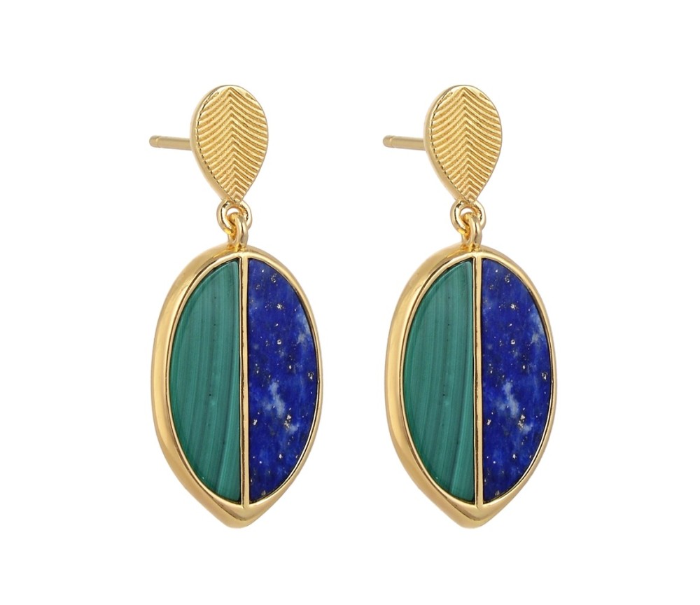 Heilsteine & Edelsteine - Ohrstecker - Malachit, Lapis Lazuli Halboval (17 x 5mm), 3,1cm, vergoldet