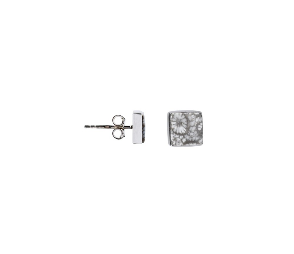Heilsteine & Edelsteine - Ohrstecker - versteinerte Koralle (grau) Quadrat, 1,0cm, rhodiniert