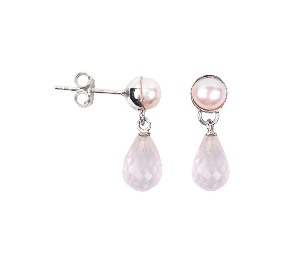 Heilsteine & Edelsteine - Ohrstecker - Rosenquarz-Briolette, Perle, 2,2cm, rhodiniert