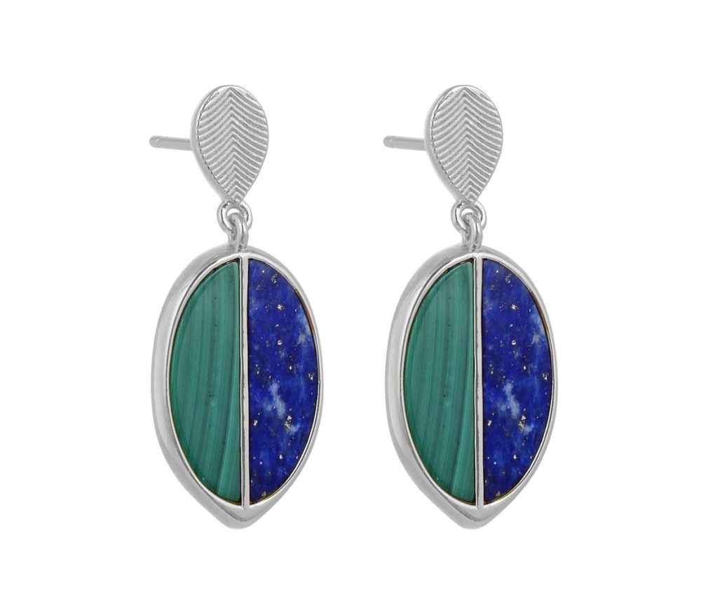 Heilsteine & Edelsteine - Ohrstecker - Malachit, Lapis Lazuli Halboval (17 x 5mm), 3,1cm, rhodiniert