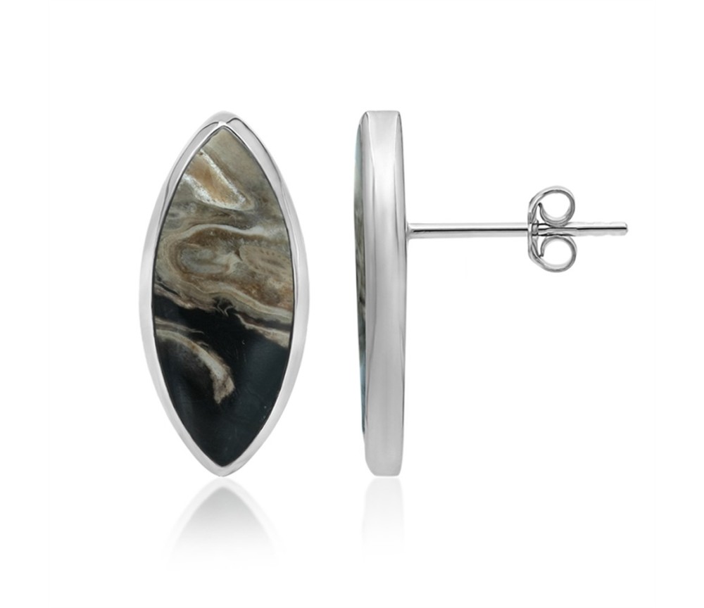 Heilsteine & Edelsteine - Ohrstecker - versteinertes Palmholz Marquise (20 x 8mm), 2,2cm, platiniert