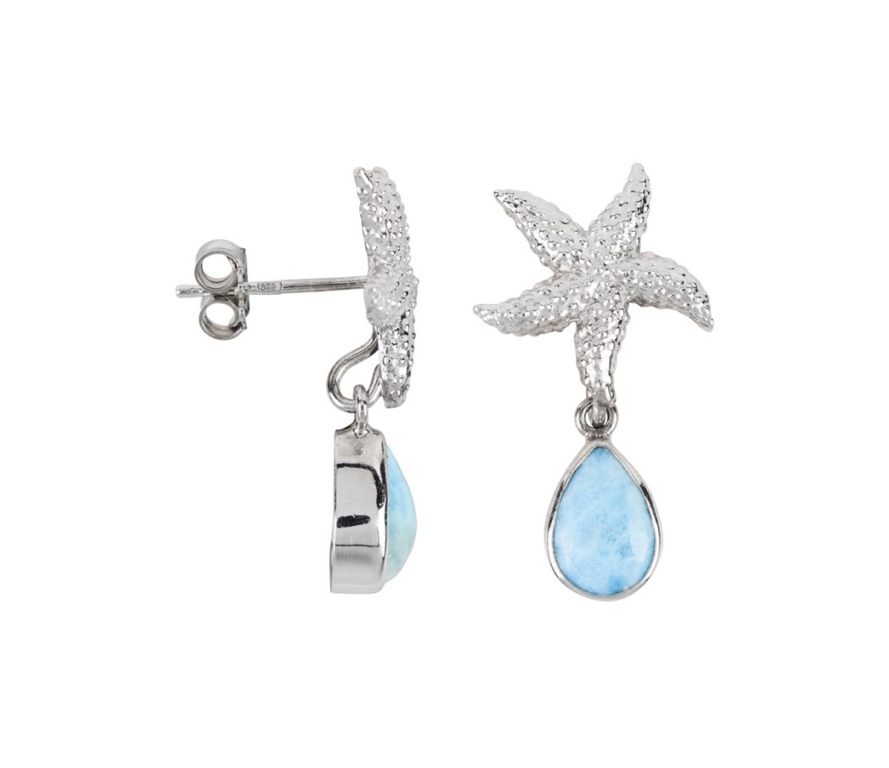 Heilsteine & Edelsteine - Ohrstecker - Larimar-Tropfen, Seestern, 3,0cm, rhodiniert