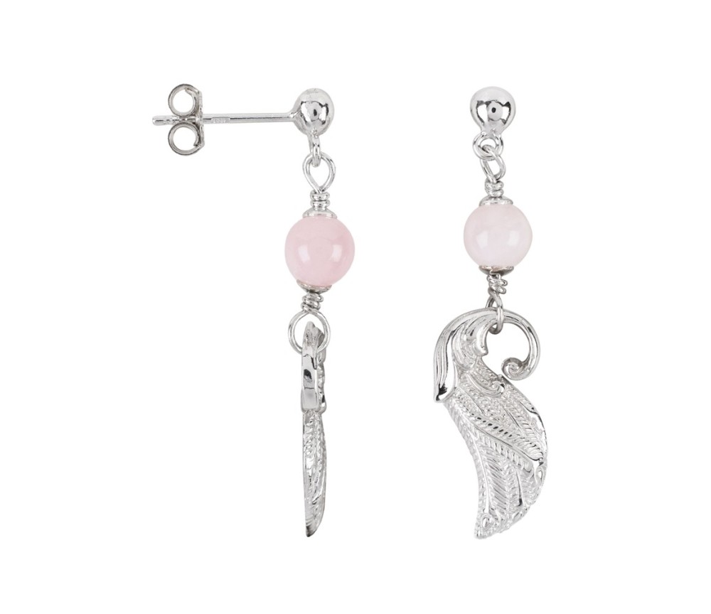 Heilsteine & Edelsteine - Ohrstecker - Rosenquarz-Kugel, Flügel, 4,4cm, rhodiniert