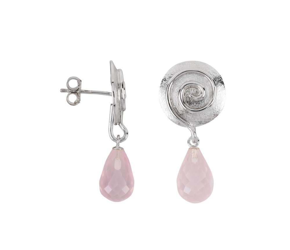 Heilsteine & Edelsteine - Ohrstecker - Rosenquarz-Briolette facettiert, Spirale, 3,2cm, rhodiniert