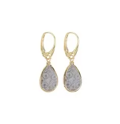 Ohrringe - versteinerte Koralle (grau) Tropfen (18 x 12mm), 4,0cm, vergoldet