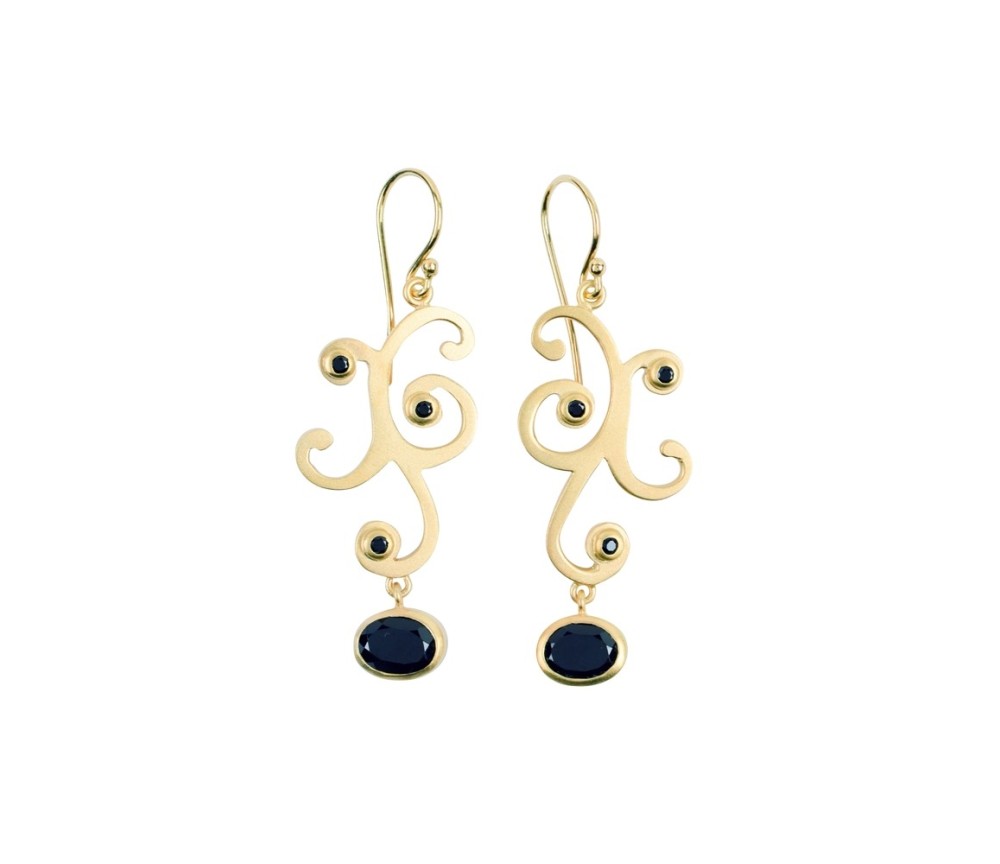 Ohrringe - Ranke, Spinell schwarz, 5,3cm, vergoldet