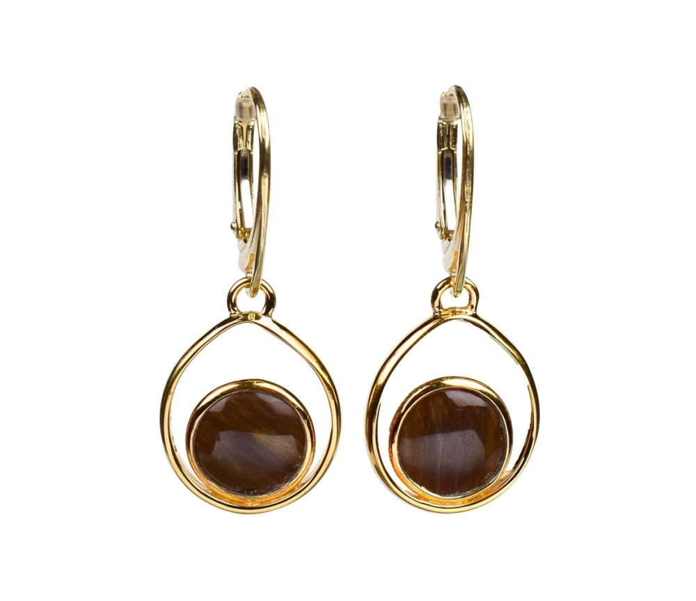 Ohrringe - versteinertes Holz Kreis in Tropfen, 3,8cm, vergoldet