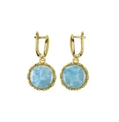 Ohrringe - Larimar rund (14mm) mit Blütenfassung, 3,6cm, vergoldet