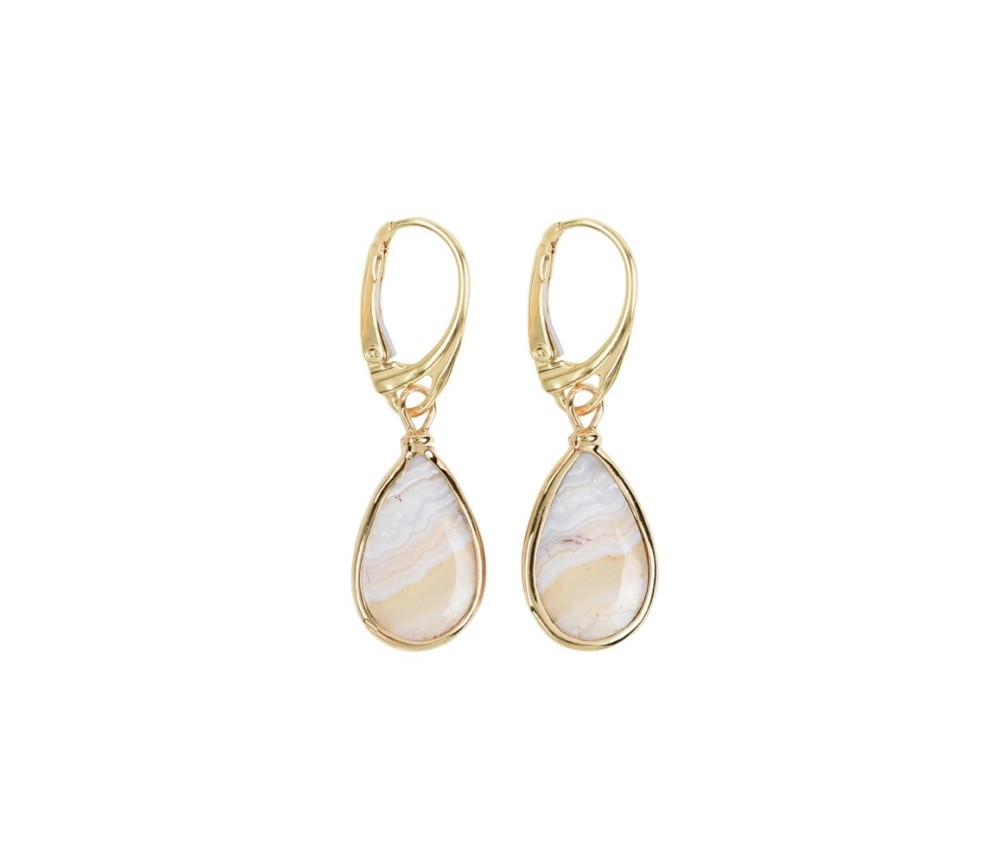 Ohrringe - Lace-Achat (hell) Tropfen (18 x 10mm), 4,3cm, vergoldet
