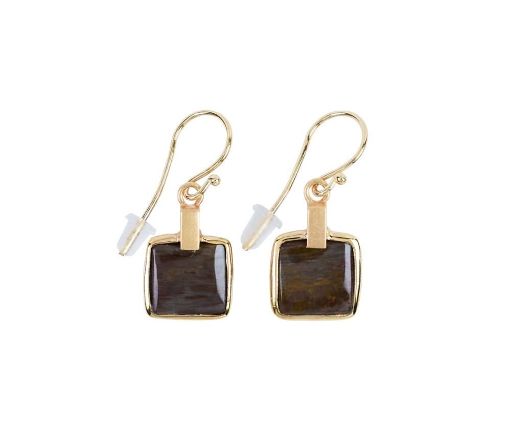 Ohrringe - versteinertes Holz Quadrate, 3,6cm, vergoldet