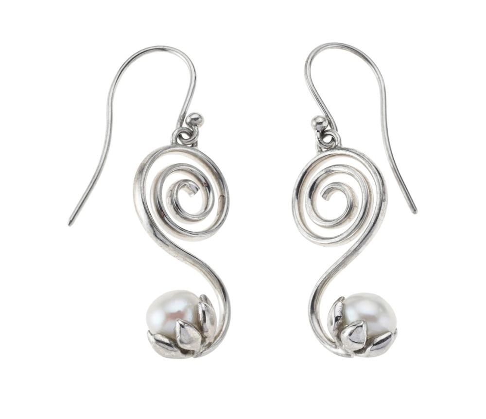 Ohrringe - Spirale mit Perle, 3,0cm, rhodiniert