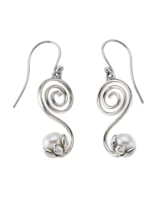 Ohrringe - Spirale mit Perle, 3,0cm, rhodiniert