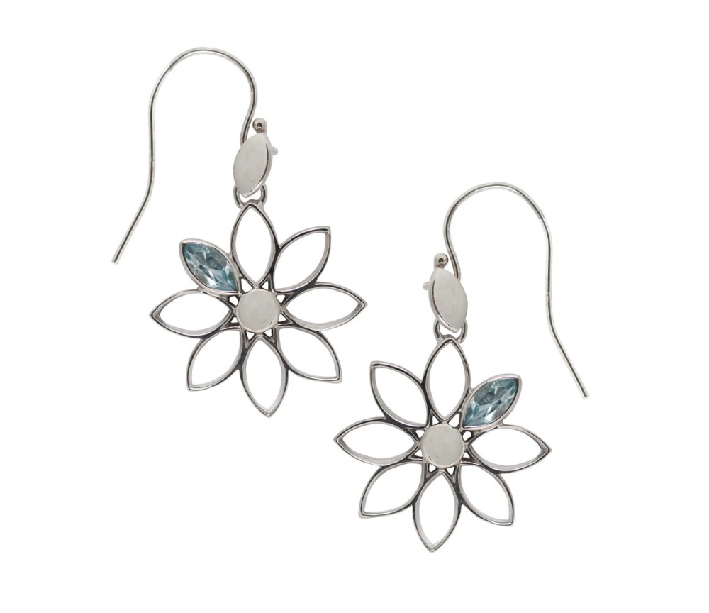 Ohrringe - Blume  Topas blau, 4,3cm, rhodiniert