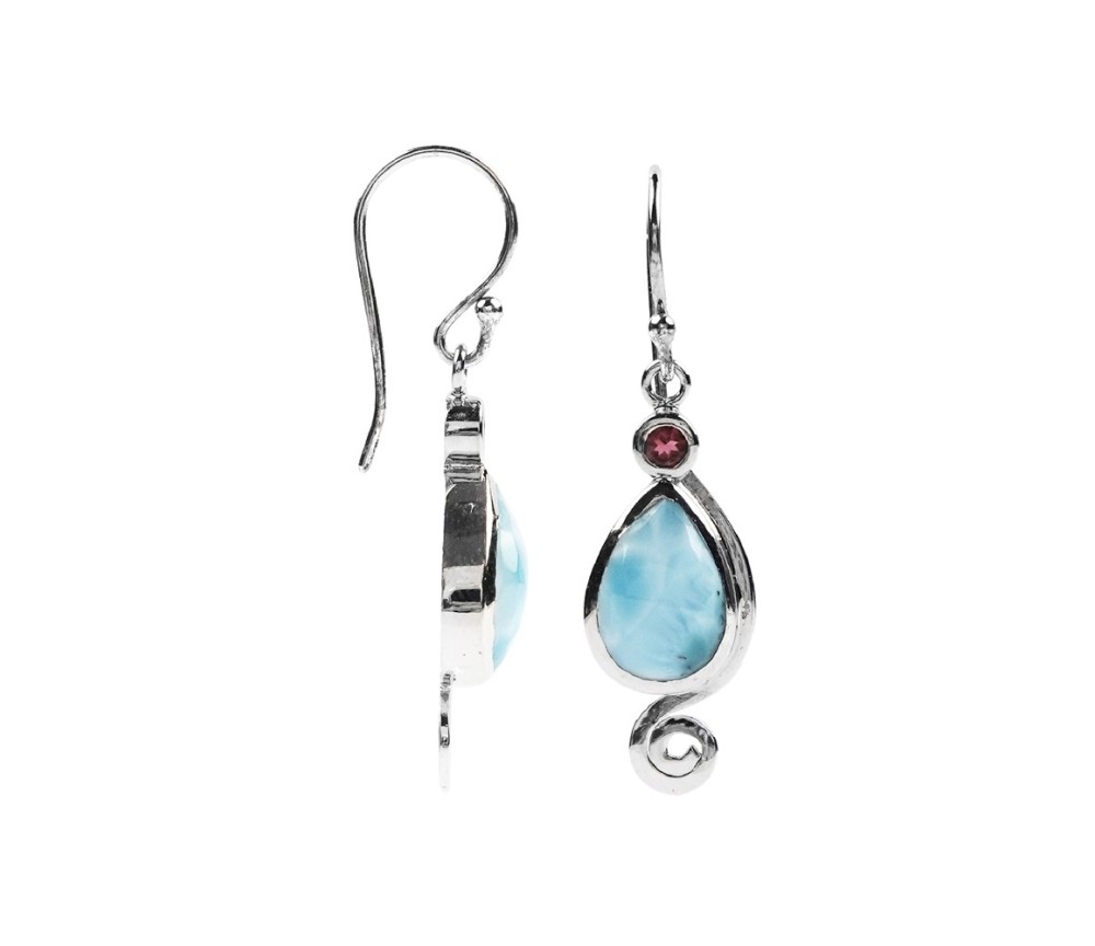 Ohrringe - Larimar Tropfen facettiert, 4,0cm, rhodiniert