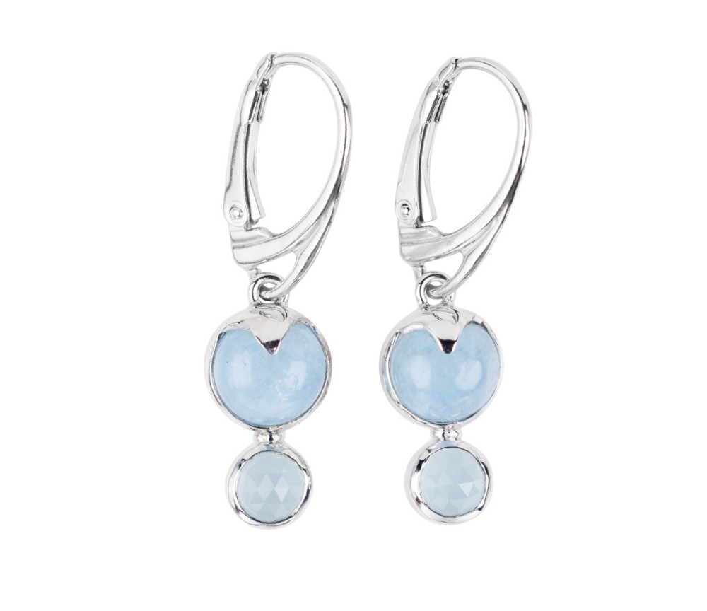 Ohrringe - Aquamarin-Cabochons rund, 3,5cm, rhodiniert