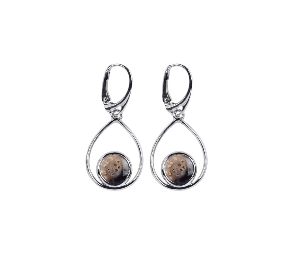 Ohrringe - versteinertes Palmholz rund Tropfenfassung, 4,6cm, rhodiniert