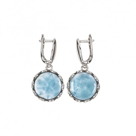 Ohrringe - Larimar rund (14mm) mit Blütenfassung