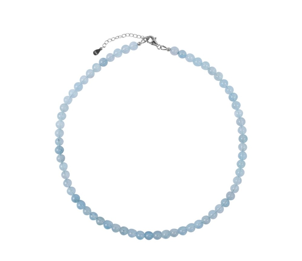 Halskette - Collier - Aquamarin mit Kugeln 6,5mm, rhodiniert inkl. Verlängerungskettchen