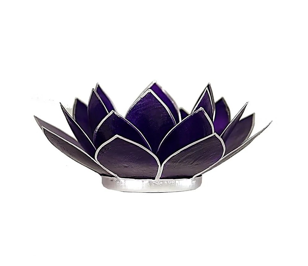 Teelichthalter - Capiz Muschel - Lotus Licht - Chakra - 7stes - Violett mit Silber - ca. 13,5x5,5 cm
