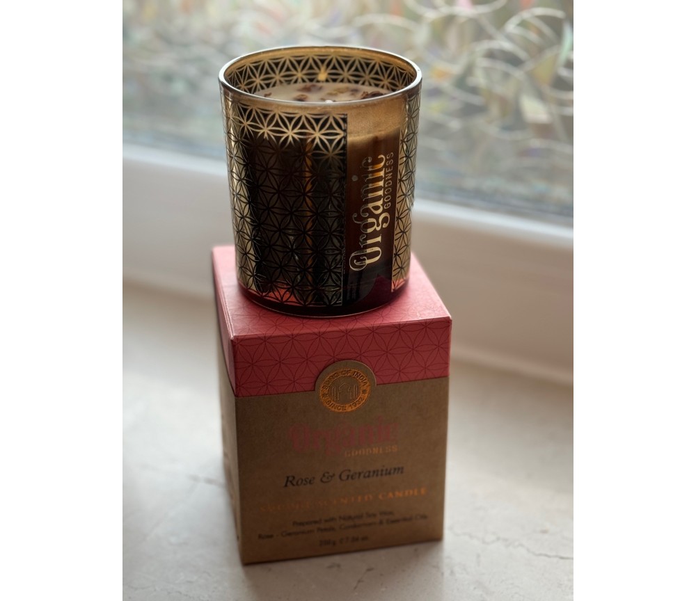 Song of India - Organic Goodness - Kerze im Glas - Rose & Geranium - mit Blume des Lebens
