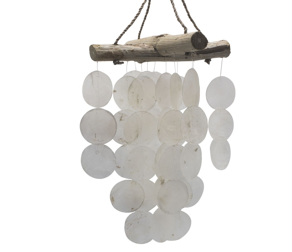 Hängende Dekoration - Windspiel - Copi - Capiz-Muscheln & Treibholz - Kreuz - Weiß - ca. 20x46cm