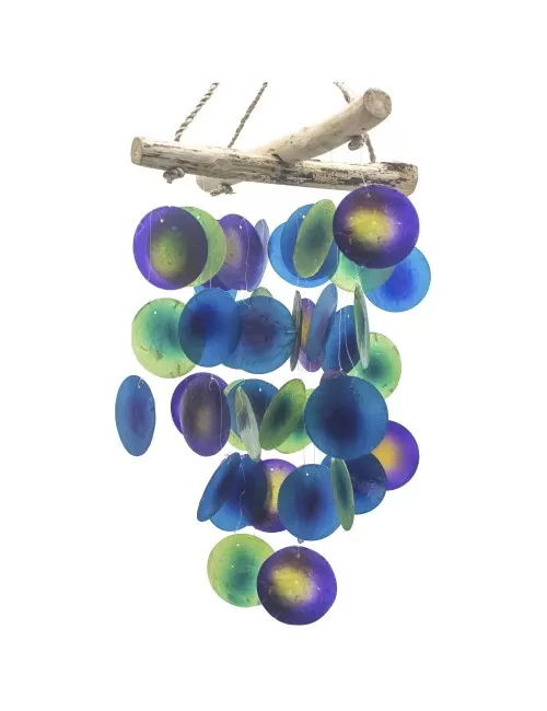 Hängende Dekoration - Windspiel - Copi - Capiz-Muscheln & Treibholz - Kreuz - Violett & Grün - ca. 20x46cm