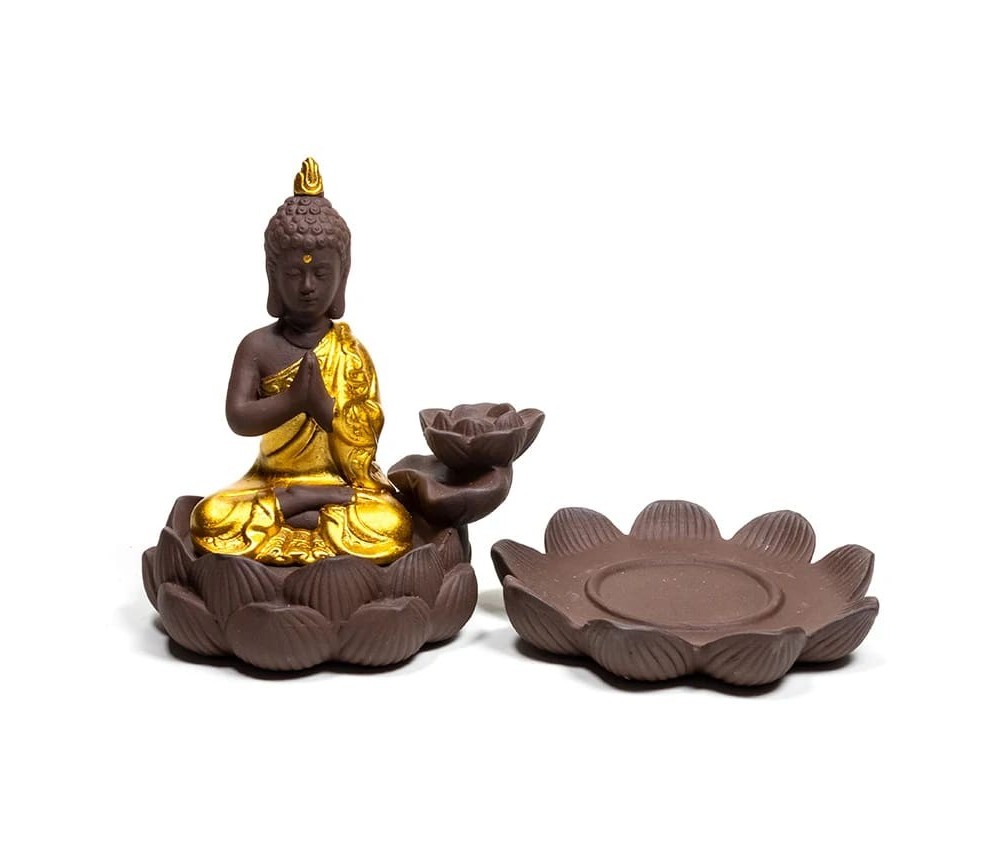 Räucher Rückfluss Gefäß -  für Räucherkegel - Räucherbrunnen - Wasserfall - Buddha - Gold/Braun/Schwarz ca. 12x10x9 cm