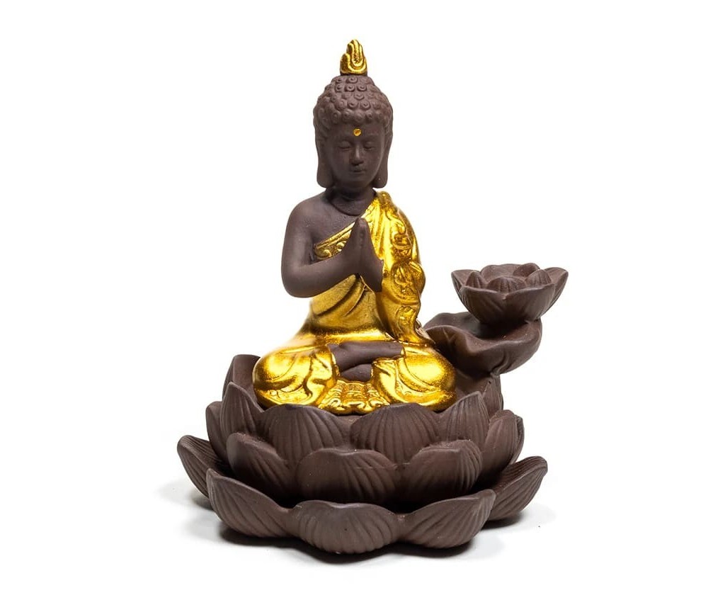 Räucher Rückfluss Gefäß -  für Räucherkegel - Räucherbrunnen - Wasserfall - Buddha - Gold/Braun/Schwarz ca. 12x10x9 cm
