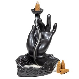 Räucher Rückfluss Gefäß -  für Räucherkegel - Räucherbrunnen - Wasserfall - Lotushand- Gold/Schwarz ca. 15x8x17,5 cm
