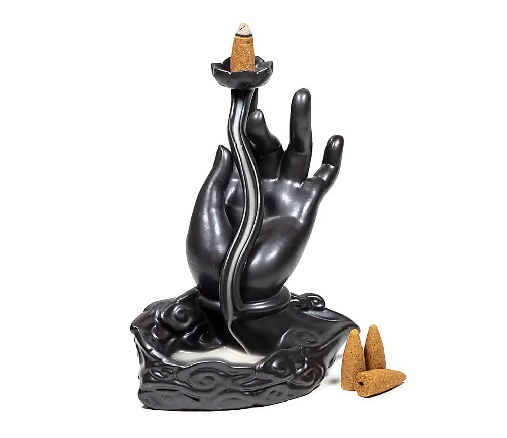 Räucher Rückfluss Gefäß -  für Räucherkegel - Räucherbrunnen - Wasserfall - Lotushand- Gold/Schwarz ca. 15x8x17,5 cm