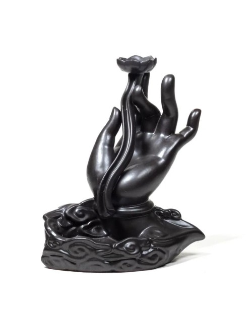 Räucher Rückfluss Gefäß -  für Räucherkegel - Räucherbrunnen - Wasserfall - Lotushand- Gold/Schwarz ca. 15x8x17,5 cm