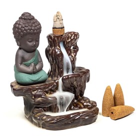 Räucher Rückfluss Gefäß -  für Räucherkegel - Räucherbrunnen - Wasserfall - Kleiner Buddha - braun/türkis  - ca. 12x9x7 cm