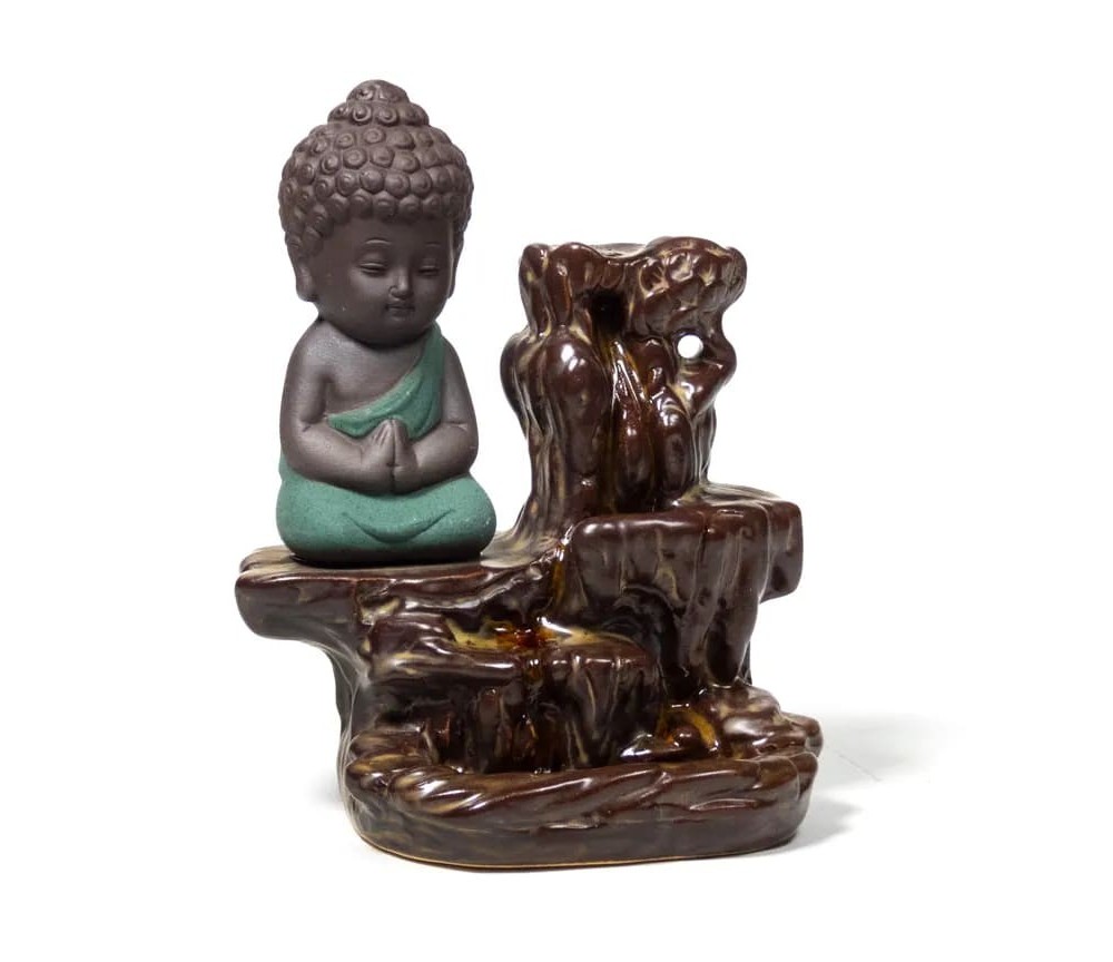 Räucher Rückfluss Gefäß -  für Räucherkegel - Räucherbrunnen - Wasserfall - Kleiner Buddha - braun/türkis  - ca. 12x9x7 cm