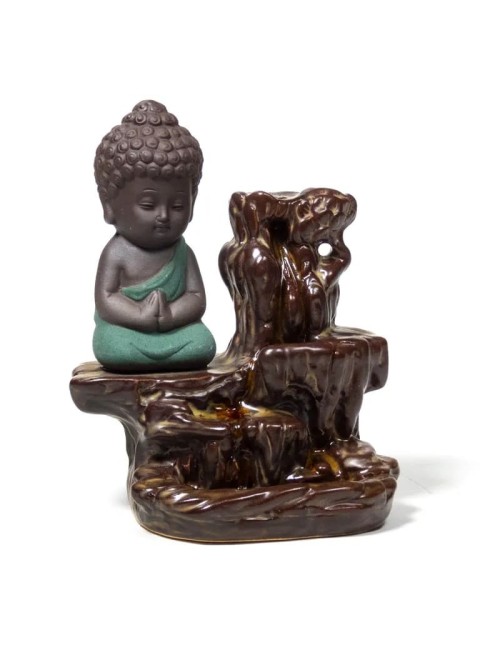 Räucher Rückfluss Gefäß -  für Räucherkegel - Räucherbrunnen - Wasserfall - Kleiner Buddha - braun/türkis  - ca. 12x9x7 cm