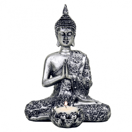 Statue - Figur - Buddha - Meditation mit Kerzenhalter - Polyresin - silberfarben - ca. 20,5 cm Höhe