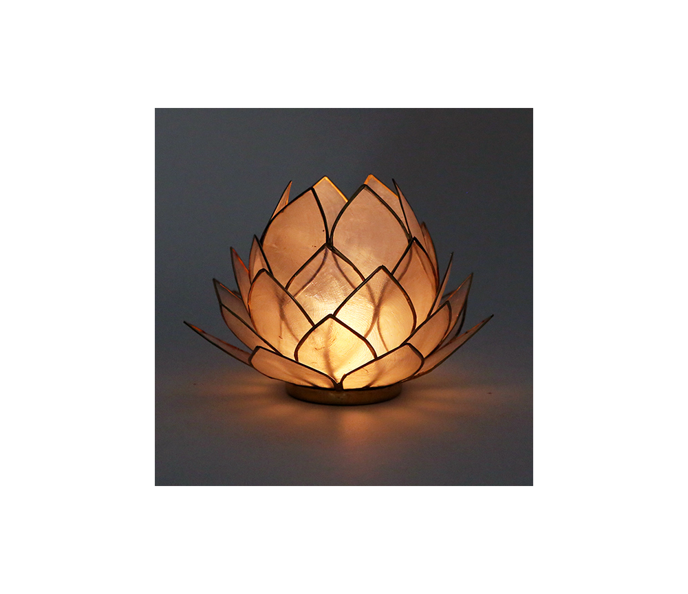 Teelichthalter - Capiz Muschel - Lotus - Gross - Weiß/ Gold - ca. 15x10,5 cm