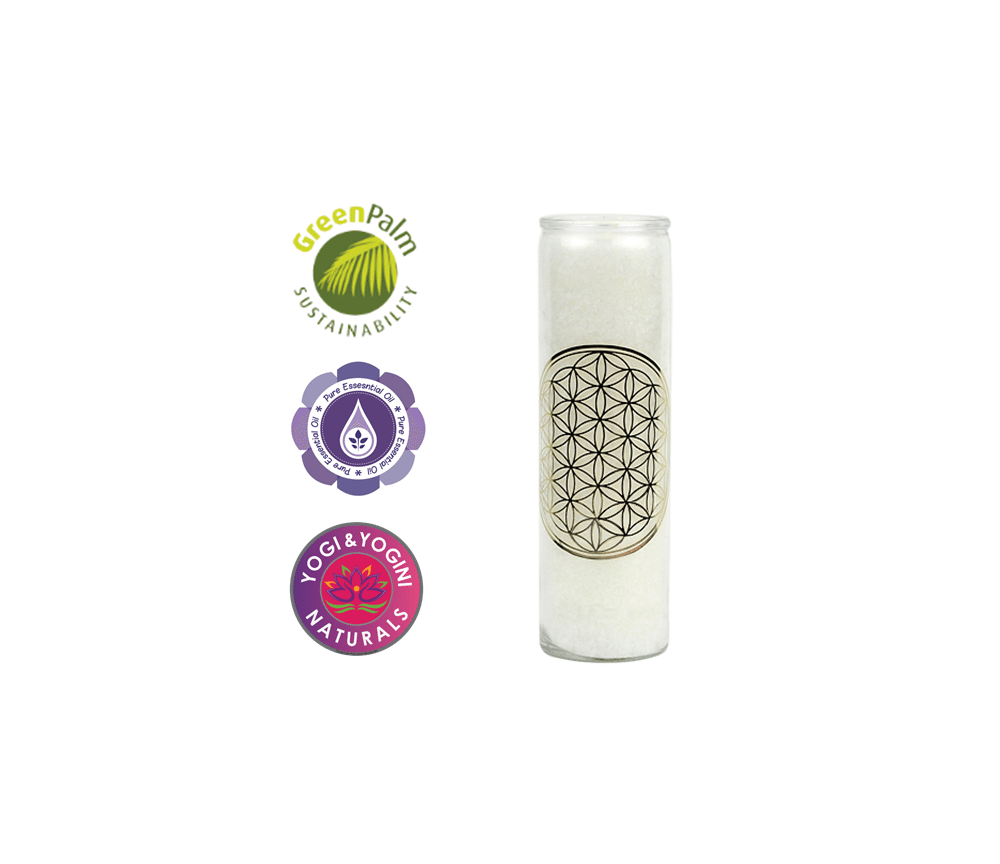 Kerze - Duftkerze im Glas - Blume des Lebens - Weiß / Gold - Palmkernwachs - ca. 100 Std.