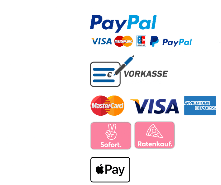 Bezahlen per Paypal, Amazon, Überweisung und Kreditkarte.