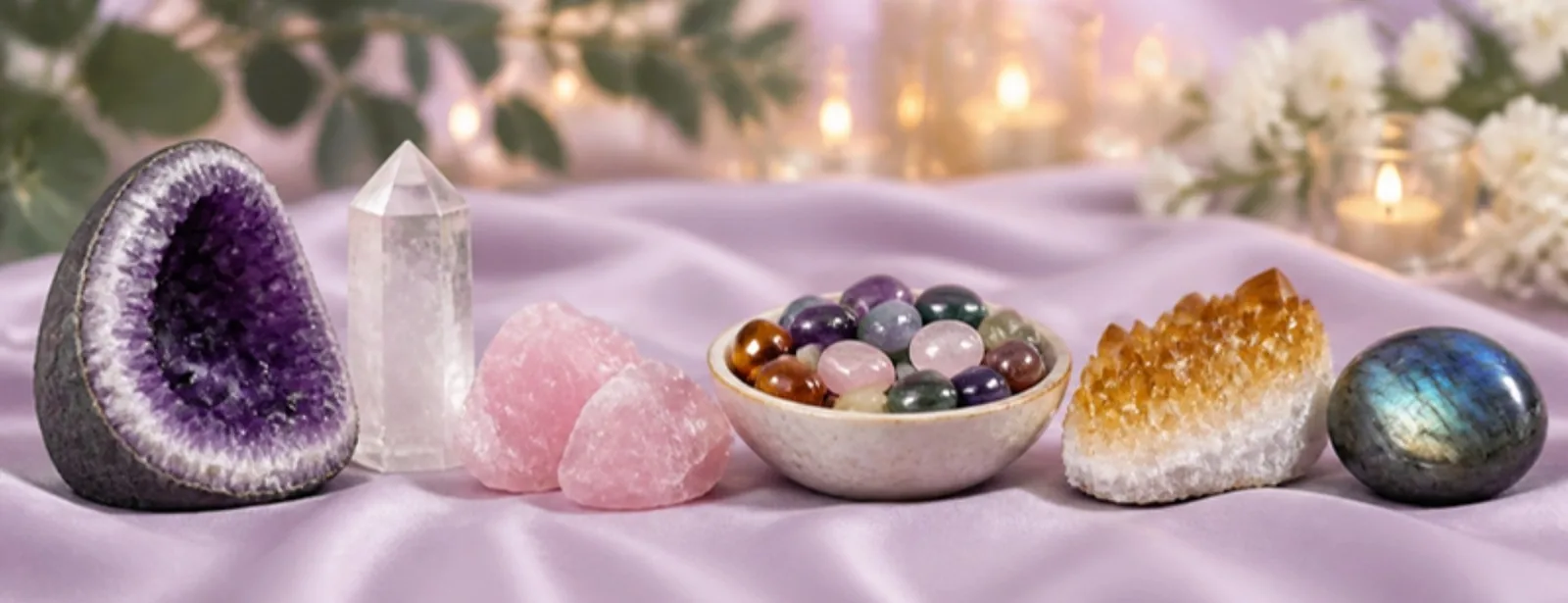 Amethyst Druse, Bergkristall Spitze, Rosenquarz, Trommelsteine, Citrin und Labradorit – Marco Schreier – SonnenhausWelt Esoterik Shop