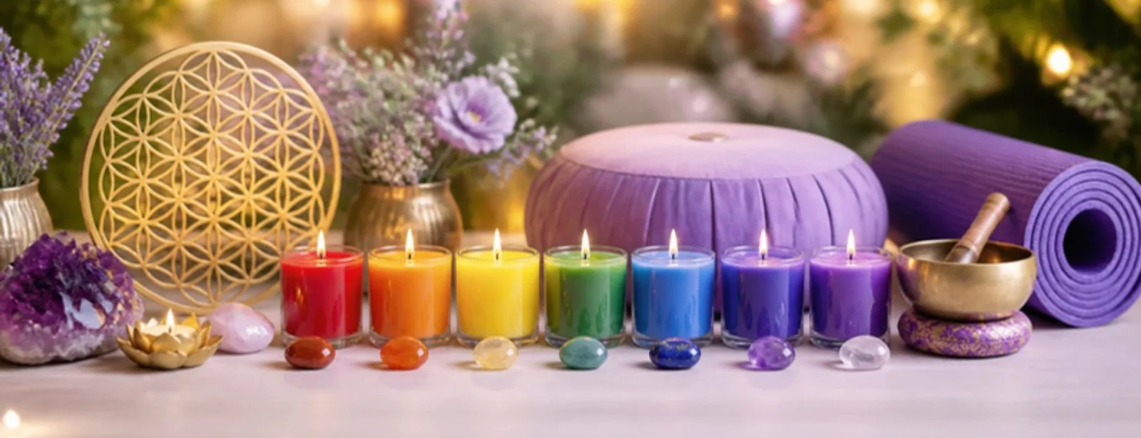 Blume des Lebens, sieben Chakra Kerzen, Chakra Steine, Meditationskissen, Yogamatte und Klangschale – Phoenix Import, Berk – SonnenhausWelt Esoterik Shop