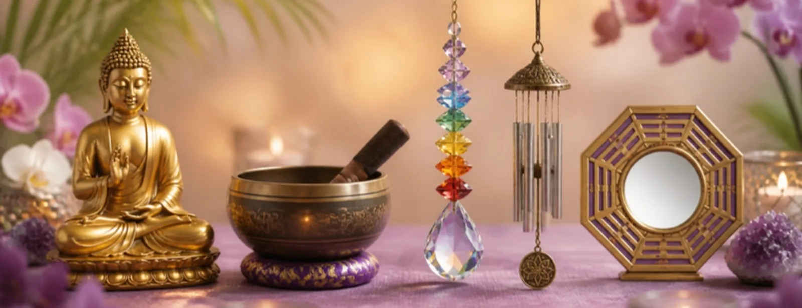 Buddha Statue, Klangschale, Feng Shui Regenbogenkristall, Windspiel und Bagua Spiegel – Berk, Phoenix Import – SonnenhausWelt Esoterik Shop