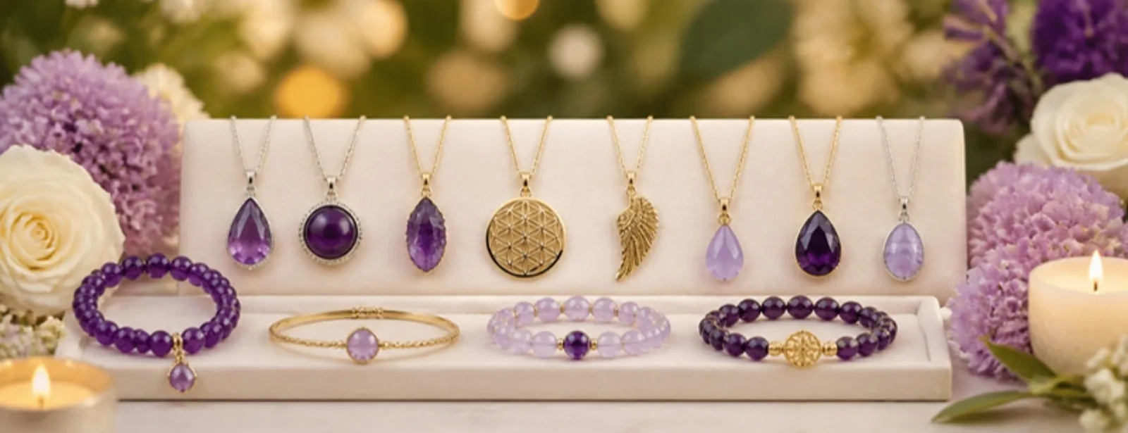 Edelstein Anhänger an Gold und Silberketten, Blume des Lebens Anhänger, Engelsflügel und Amethyst Armbänder – Marco Schreier, Phoenix Import – SonnenhausWelt Esoterik Shop
